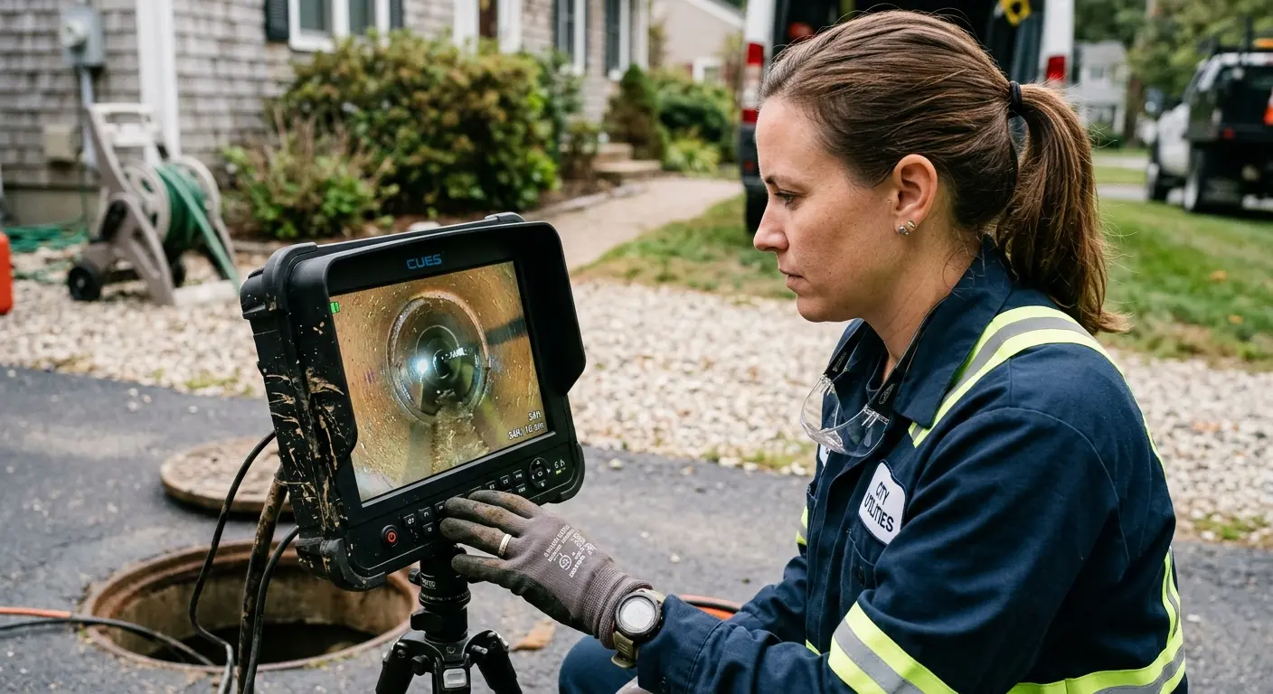Technician reviewing sewer camera inspection footage in La Riviera