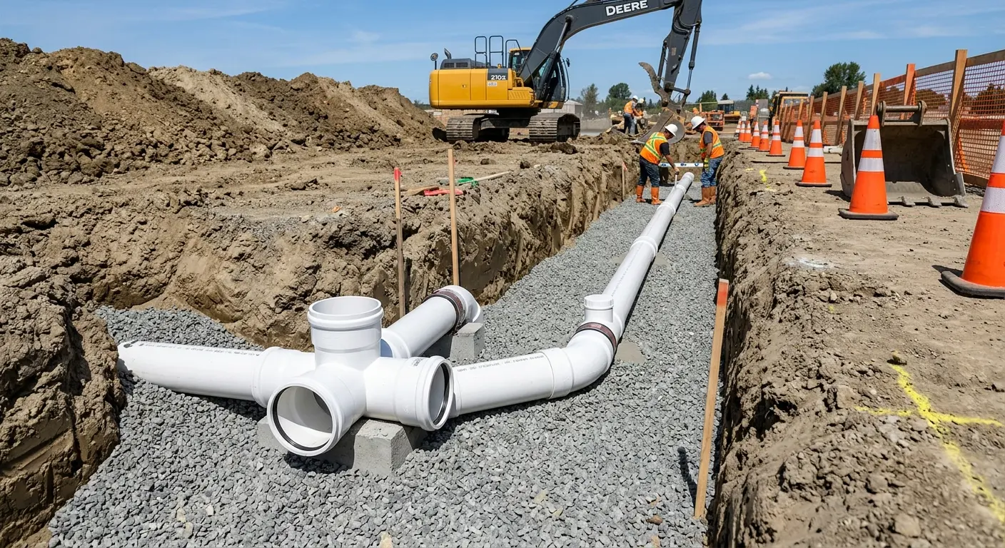 New PVC sewer pipe installation in open trench for Sewer Backup in La Riviera