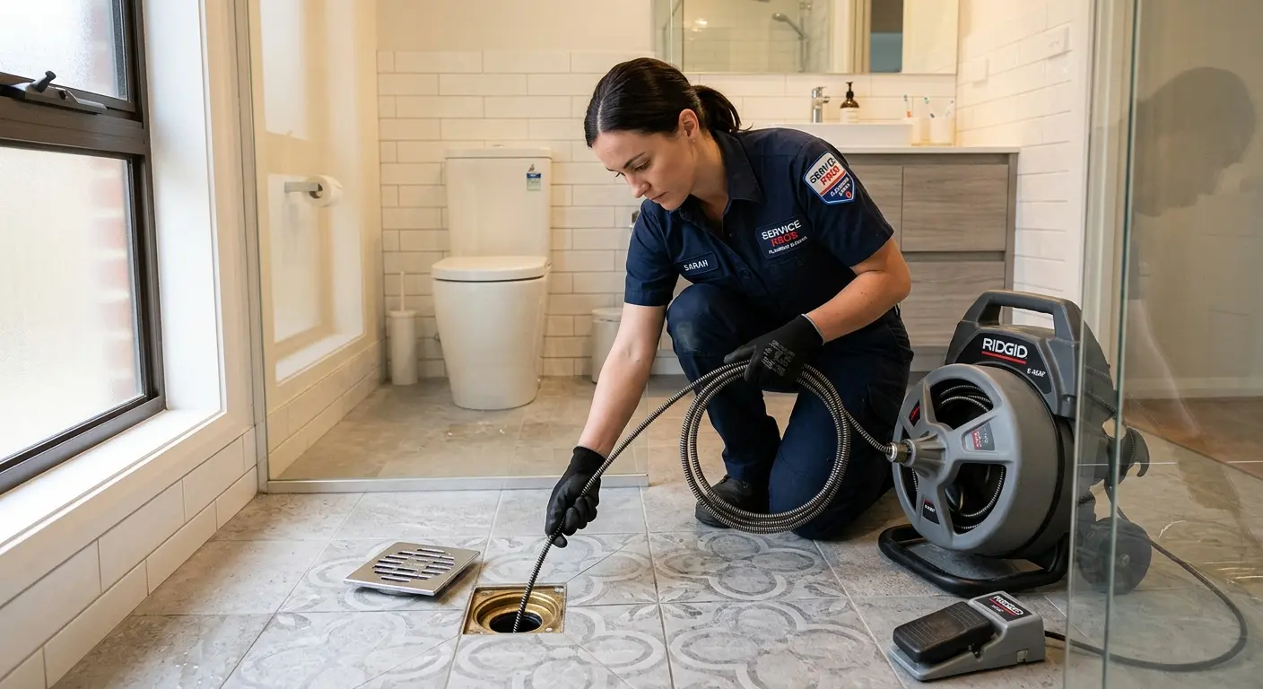 Technician clearing a bathroom floor drain for Drain Cleaning in La Riviera